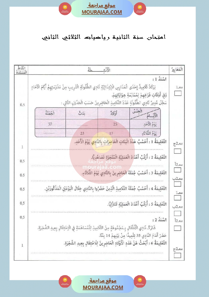 امتحان سنة الثانية رياضيات الثلاثي الثاني