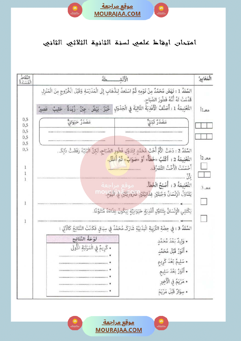 امتحان في ايقاظ علمي سنة الثانية الثلاثي الثاني