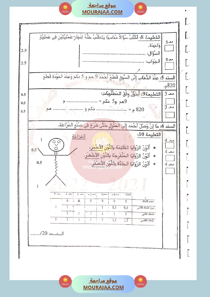 امتحان رياضيات سنة الثالثة الثلاثي الثاني