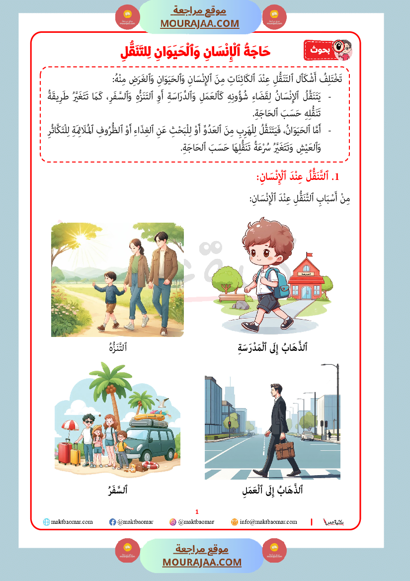 حاجة الانسان و الحيوان الى التنقل سنة الثالثة