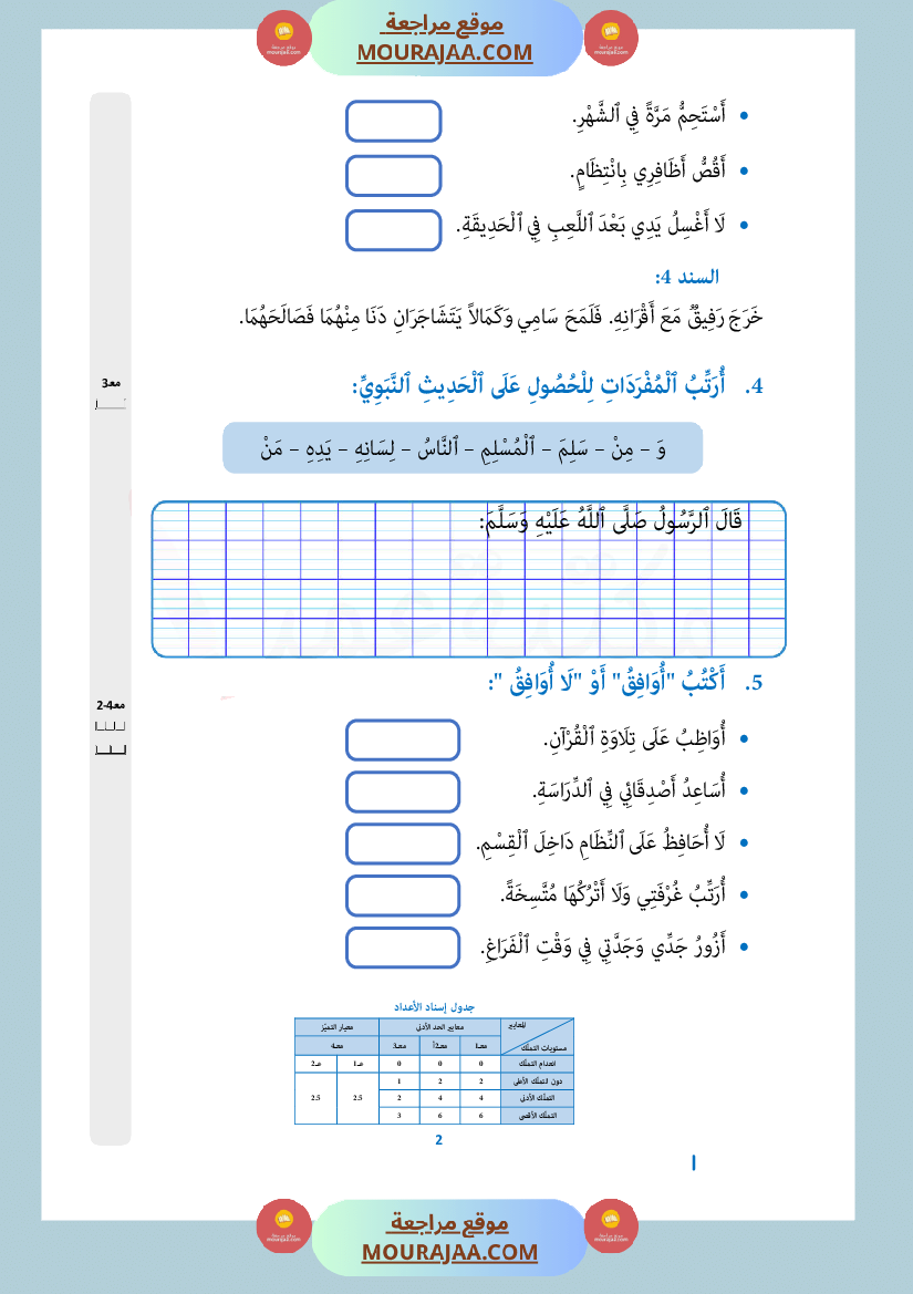 امتحان تربية اسلامية الثلاثي الثاني سنة أولى