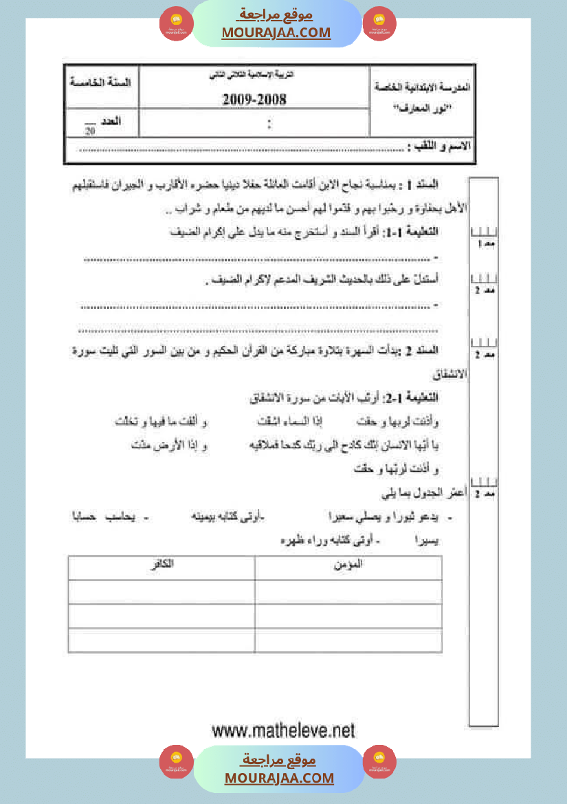 تقييمات مواد اجتماعية ثلاثي ثاني لأبطال السنة الخامسة