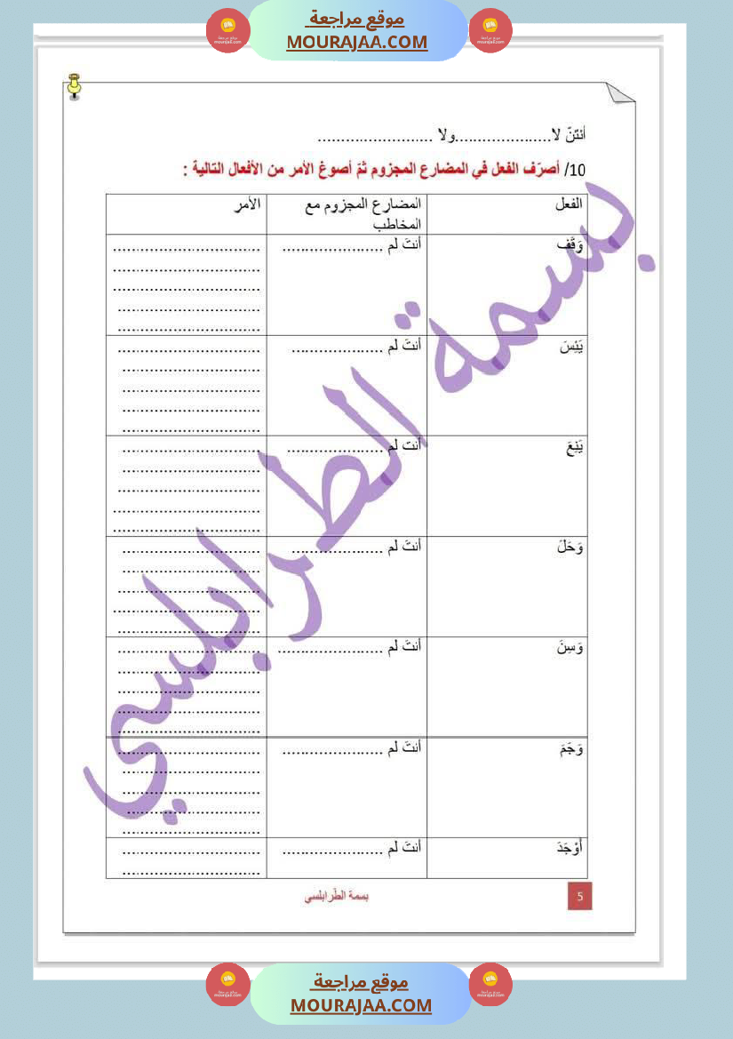 تمارين حول درس تصريف المثال لأبطال السنة الخامسة
