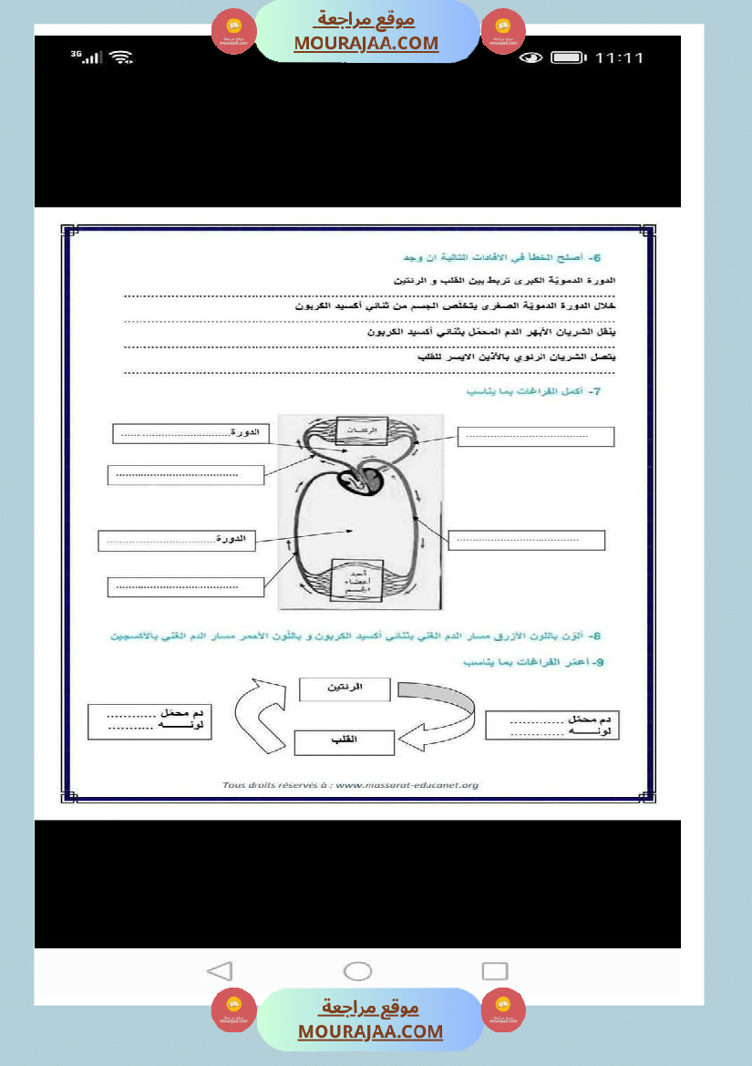 الدورة الدموية الصغرى والدورة الدموية الكبرى والدارة الكهربائية للسنة الخامسة