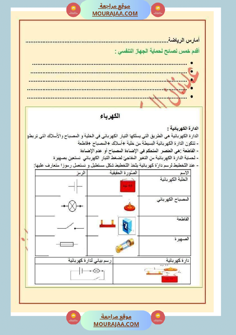 الدورة الدموية الصغرى والدورة الدموية الكبرى والدارة الكهربائية للسنة الخامسة