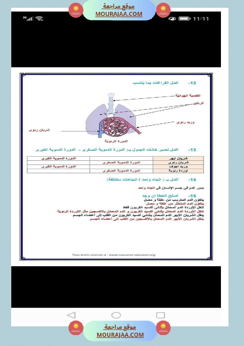 الدورة الدموية الصغرى والدورة الدموية الكبرى والدارة الكهربائية للسنة الخامسة