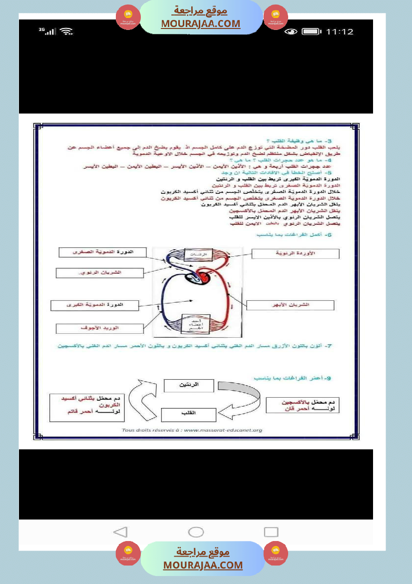 الدورة الدموية الصغرى والدورة الدموية الكبرى والدارة الكهربائية للسنة الخامسة
