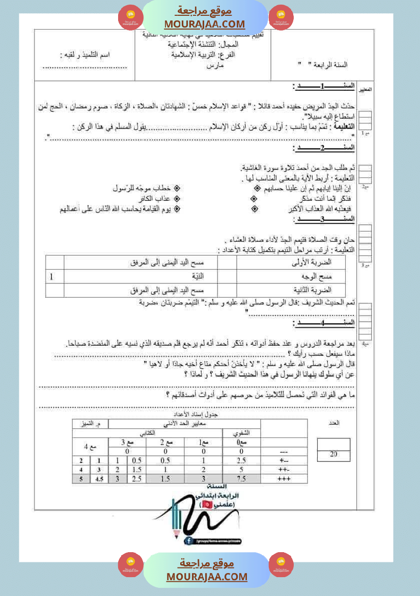 تربية اسلامية للسنة الرابعة الثلاثي الثاني