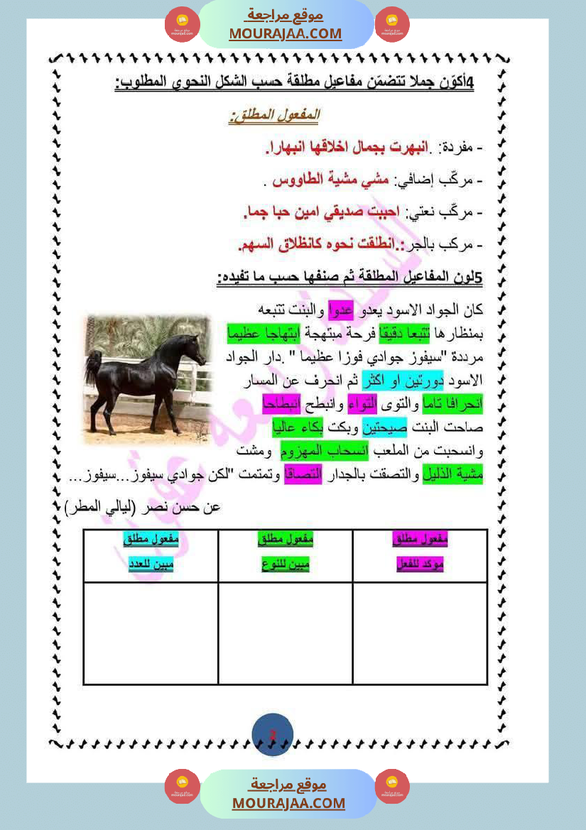 تمارين مرفقة بالاصلاح حول المفعول المطلق سنة السادسة