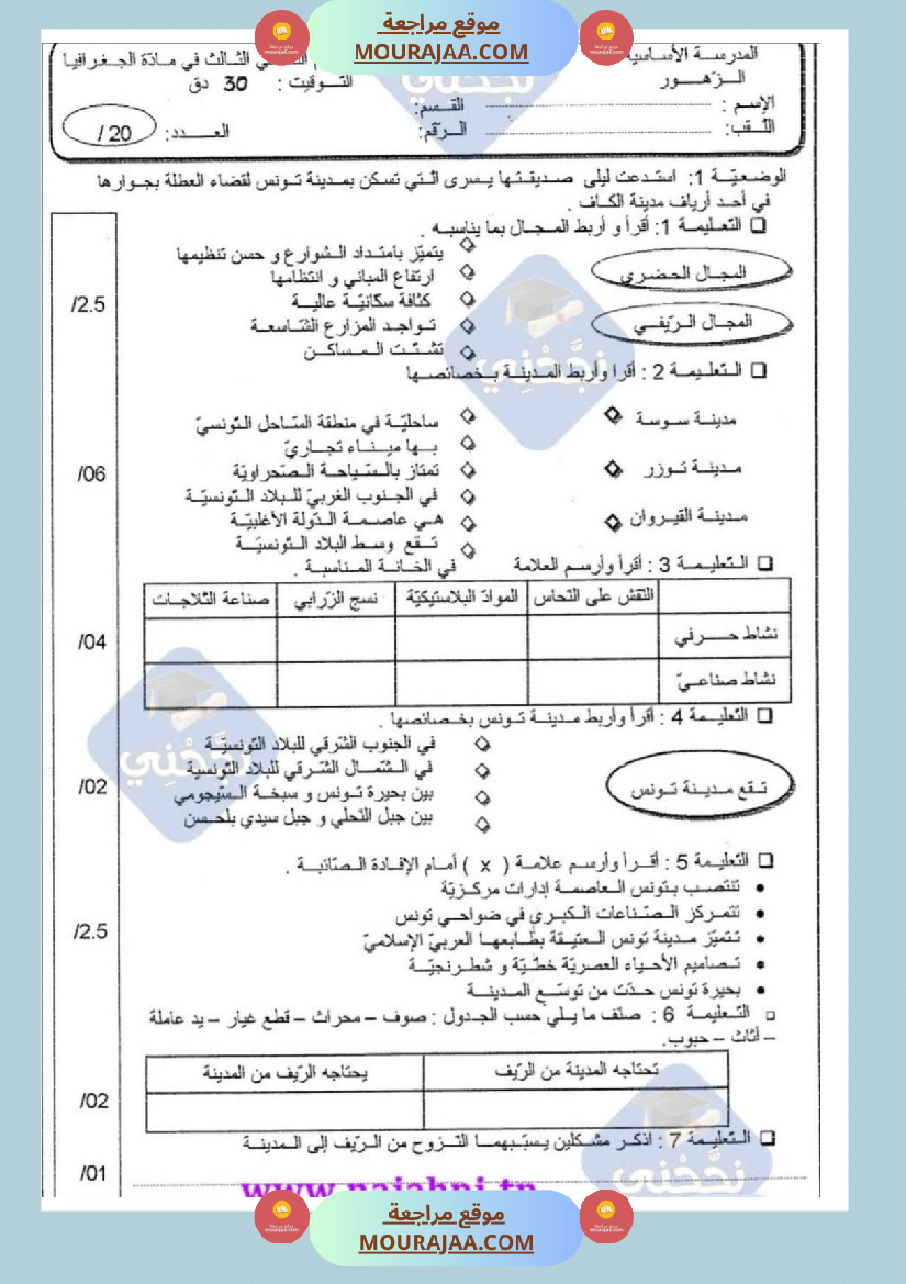 امتحانات جغرافيا سنة خامسة ابتدائي ثلاثي الثالث 