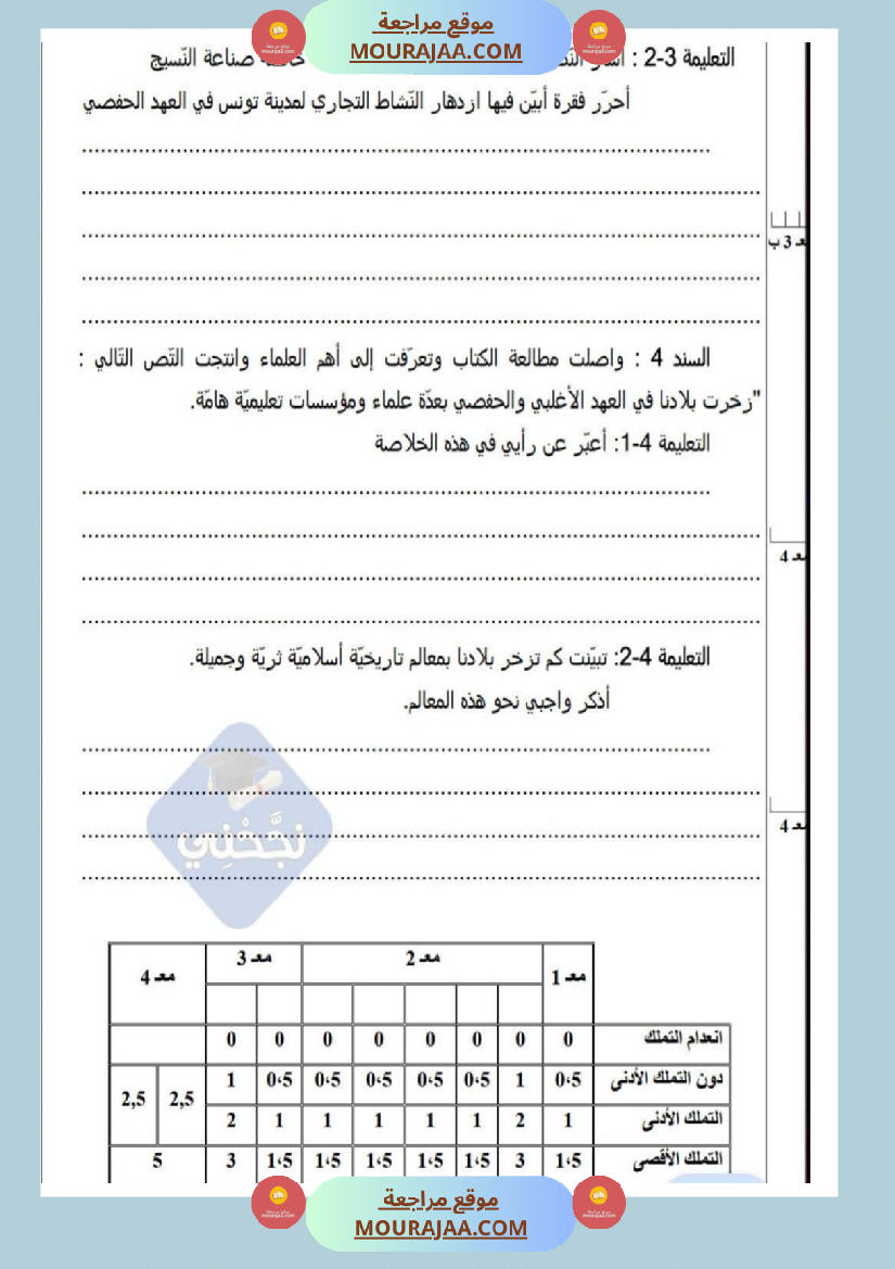 امتحانات تاريخ سنة خامسة ابتدائي ثلاثي الثالث 
