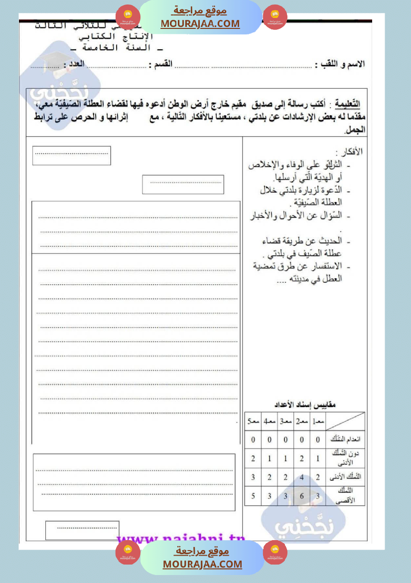امتحانات إنتاج كتابي سنة خامسة ابتدائي ثلاثي الثالث 