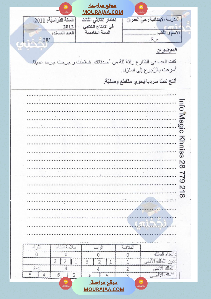 امتحانات إنتاج كتابي سنة خامسة ابتدائي ثلاثي الثالث 
