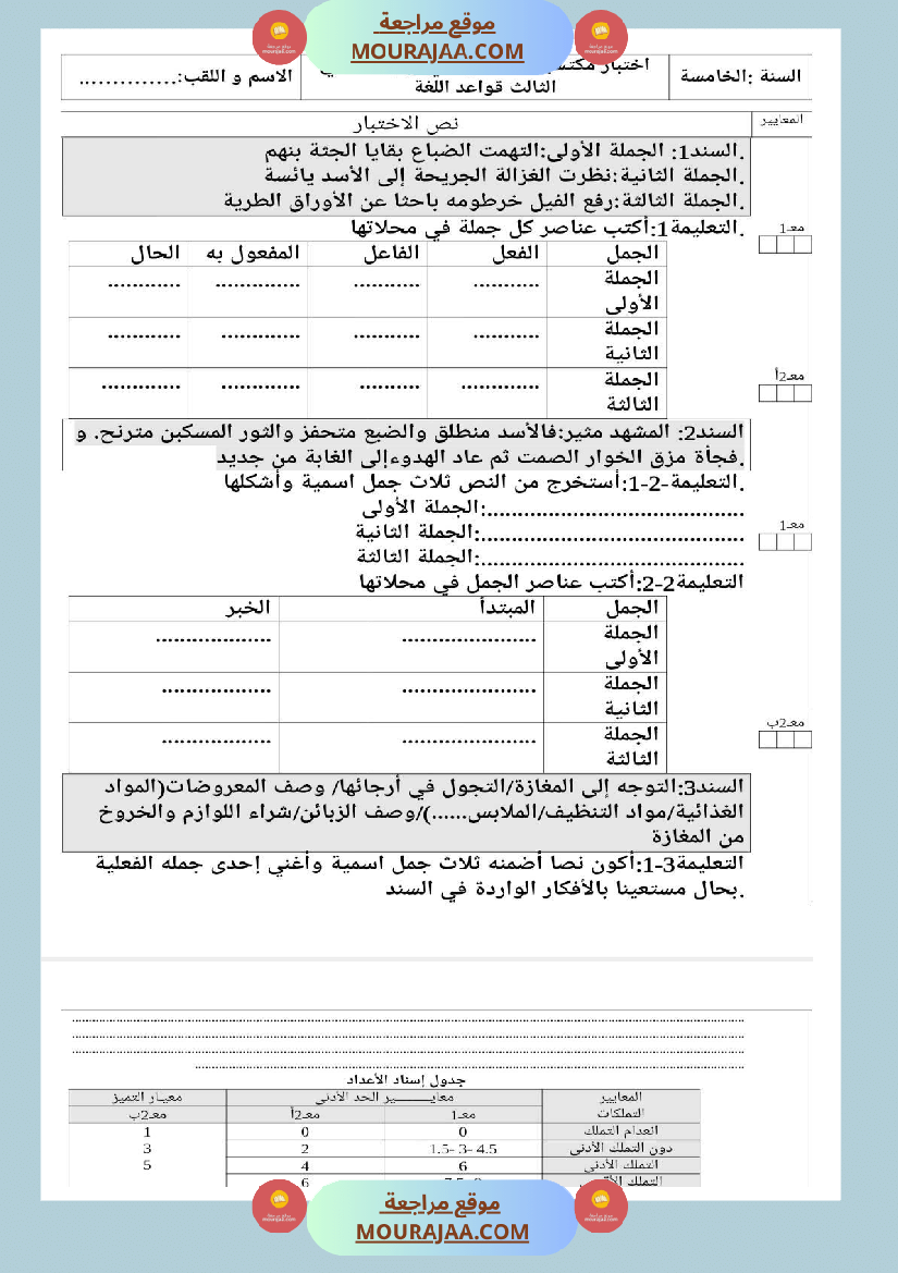 امتحانات قواعد اللغة سنة خامسة ابتدائي ثلاثي الثالث 