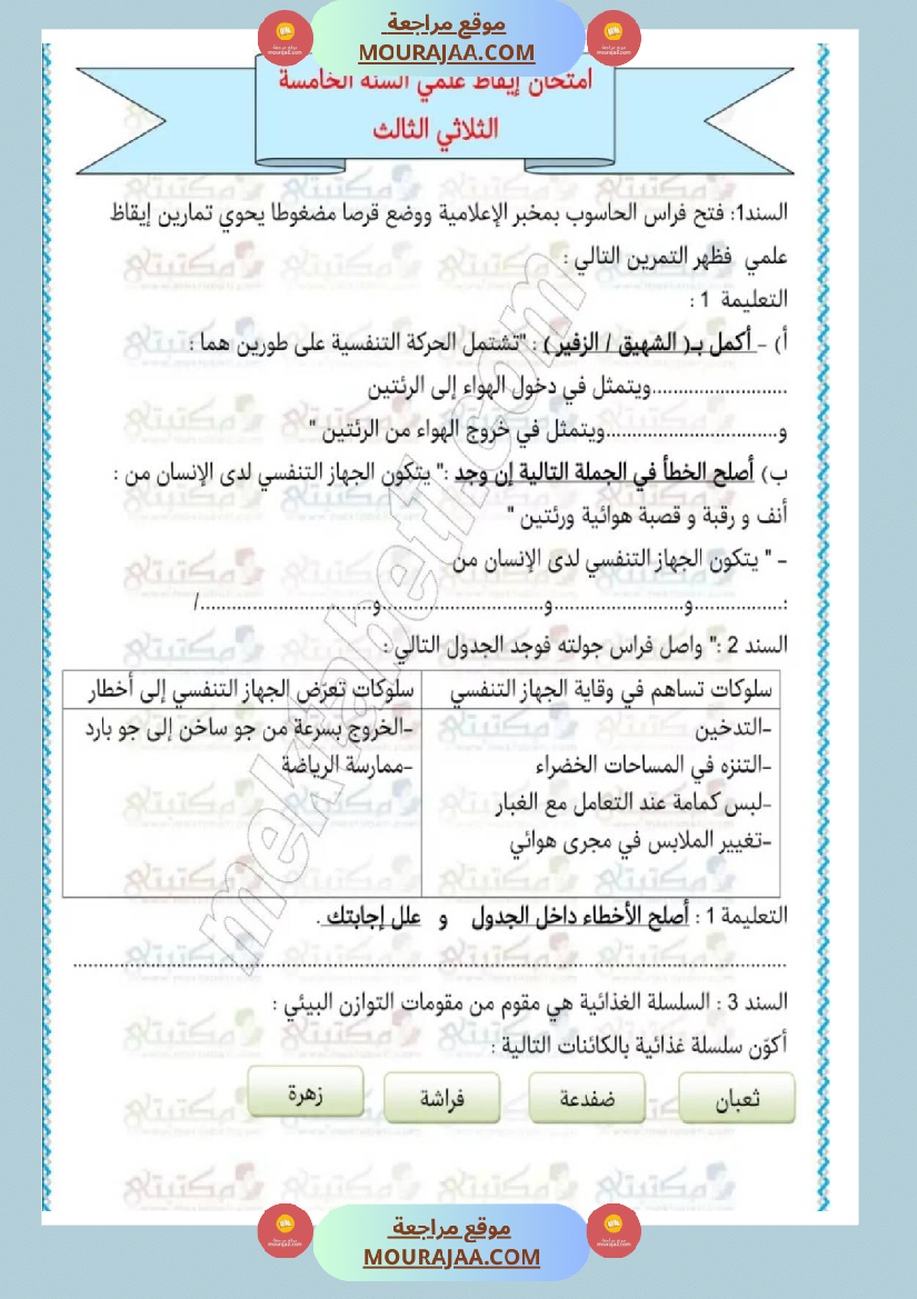 امتحانات إيقاظ علمي سنة خامسة ابتدائي ثلاثي الثالث 