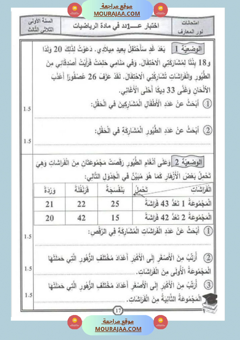 امتحانات رياضيات سنة اولى ثلاثي الثالث 