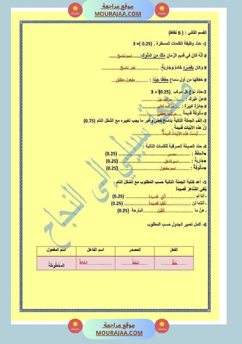 امتحان العربية سنة سادسة ابتدائي ثلاثي الثالث 