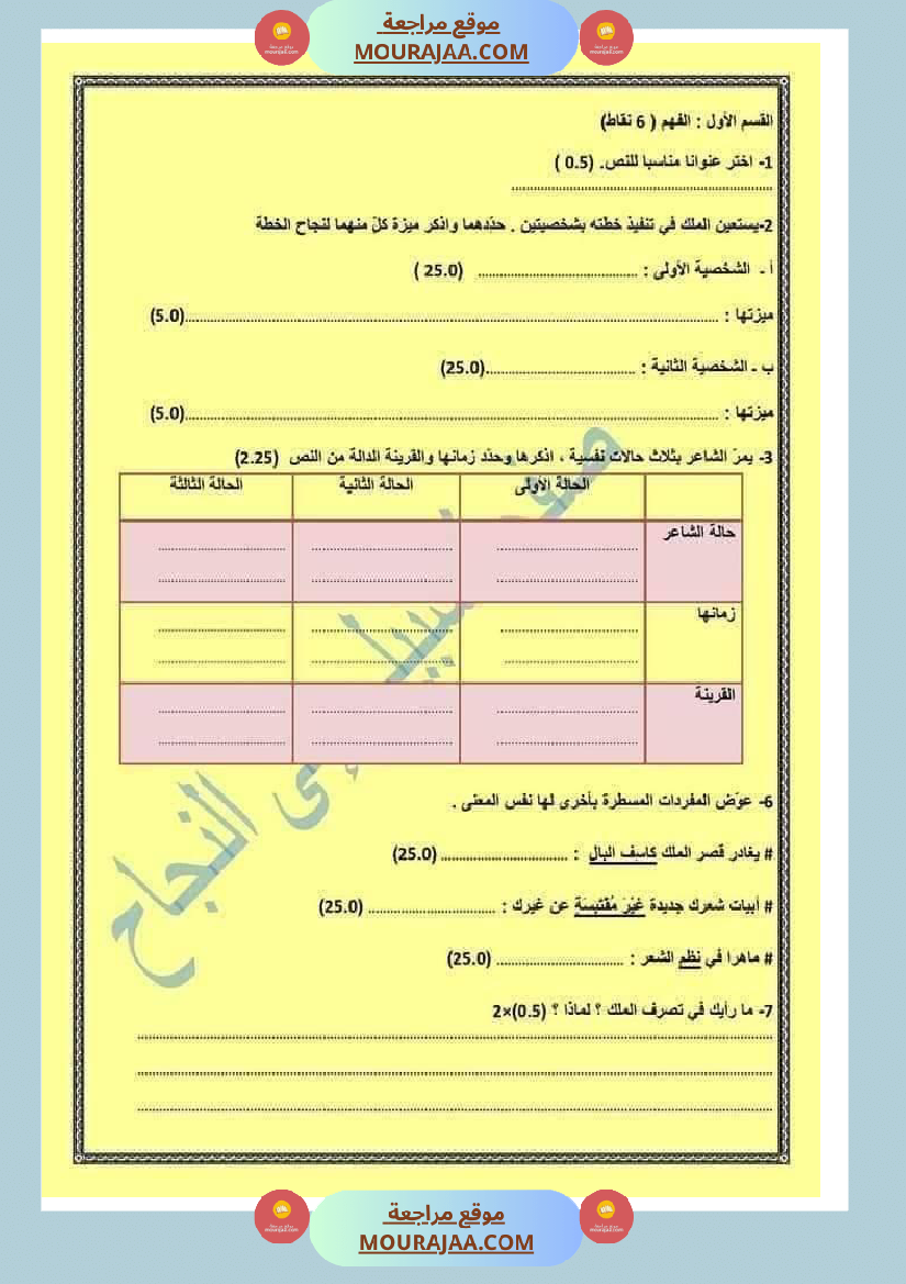 امتحان العربية سنة سادسة ابتدائي ثلاثي الثالث 