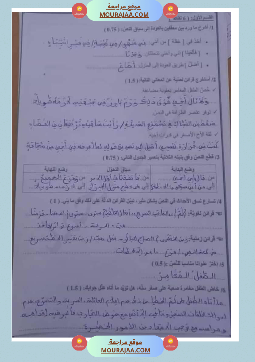 امتحان العربية سنة سادسة ابتدائي ثلاثي الثالث 