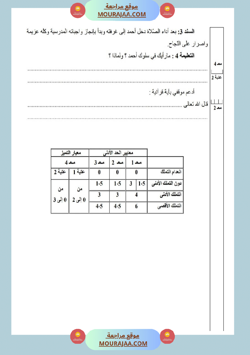 امتحانات تربية إسلامية سنة ثالثة ثلاثي الثالث 