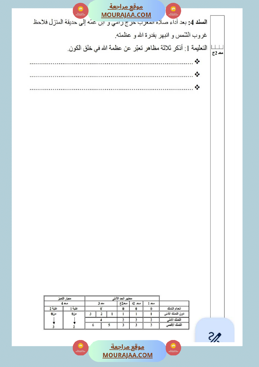 امتحانات تربية إسلامية سنة ثالثة ثلاثي الثالث 