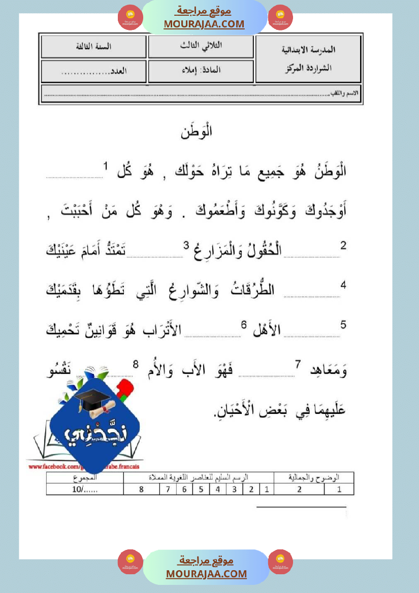 امتحان خط واملاء ورسم سنة ثالثة ثلاثي الثالث 