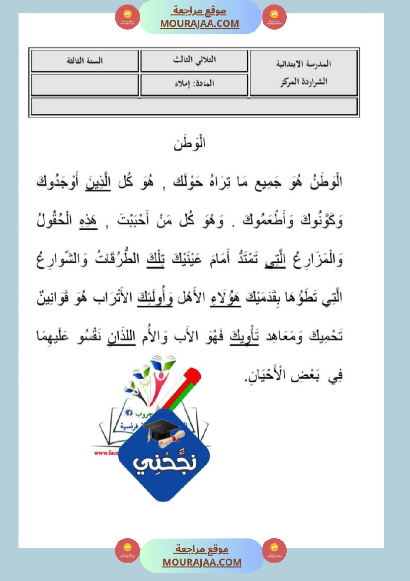 امتحان خط واملاء ورسم سنة ثالثة ثلاثي الثالث 
