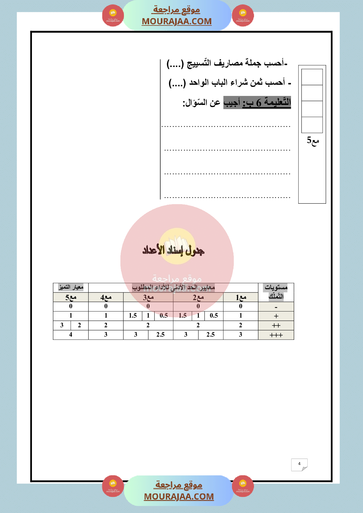 امتحان في رياضيات سنة الخامسة الثلاثي الثالث