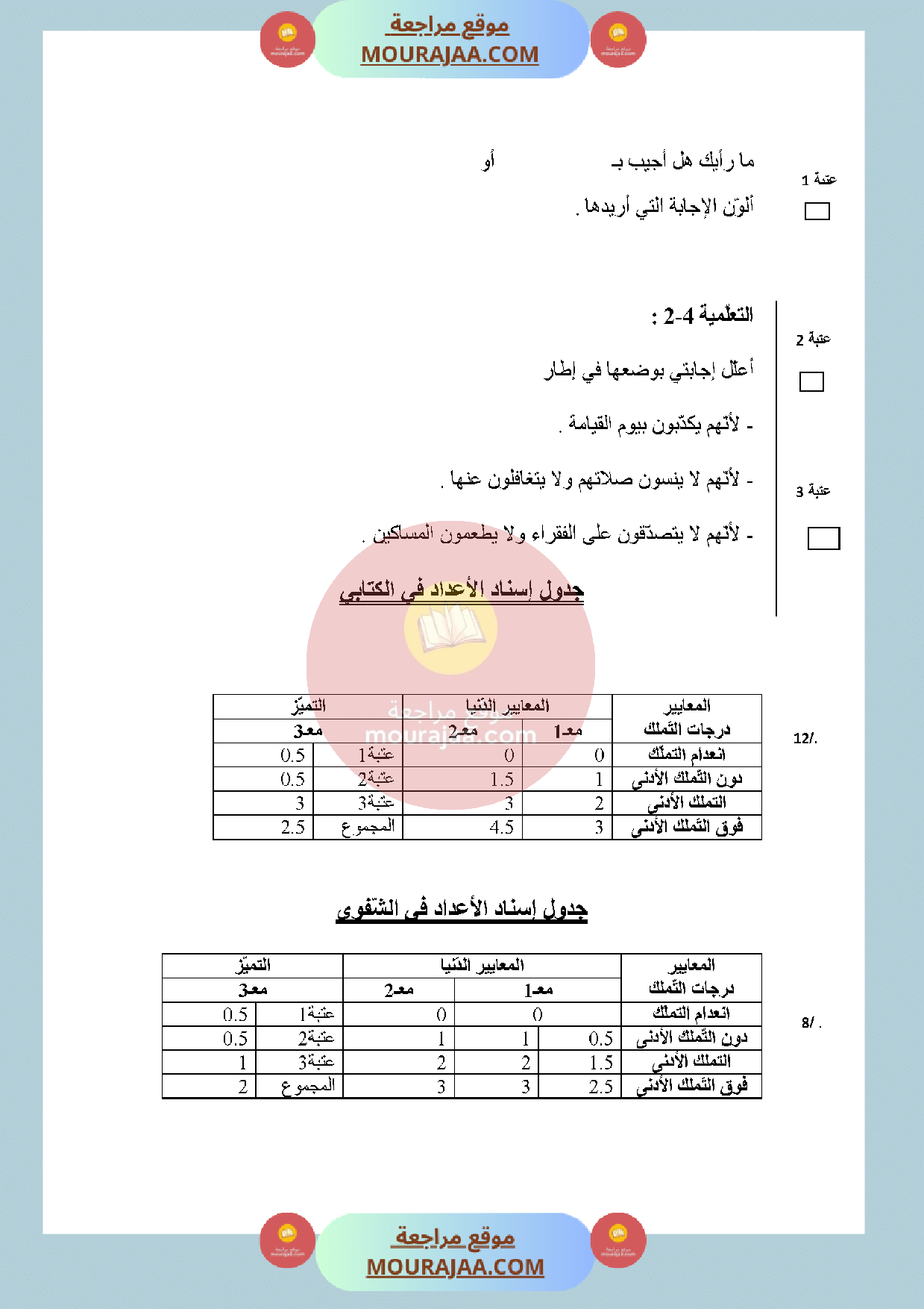 امتحان تربية اسلامية سنة الأولى الثلاثي الثالث