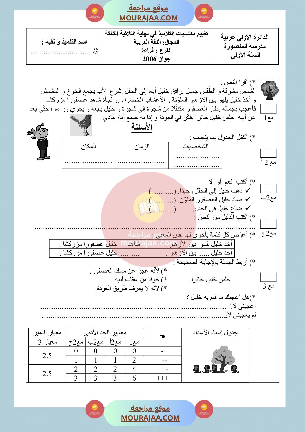 امتحان قراءة سنة أولى الثلاثي الثالث