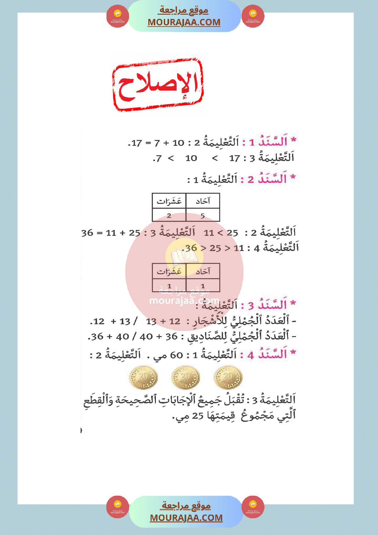 اختبار رياضيات سنة أولى الثلاثي الثالث مع الاصلاح