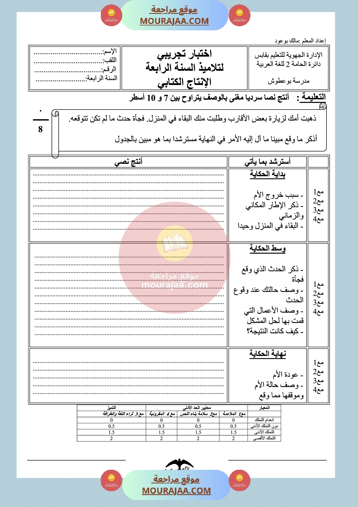 امتحان انتاج كتابي سنة الرابعة الثلاثي الثالث