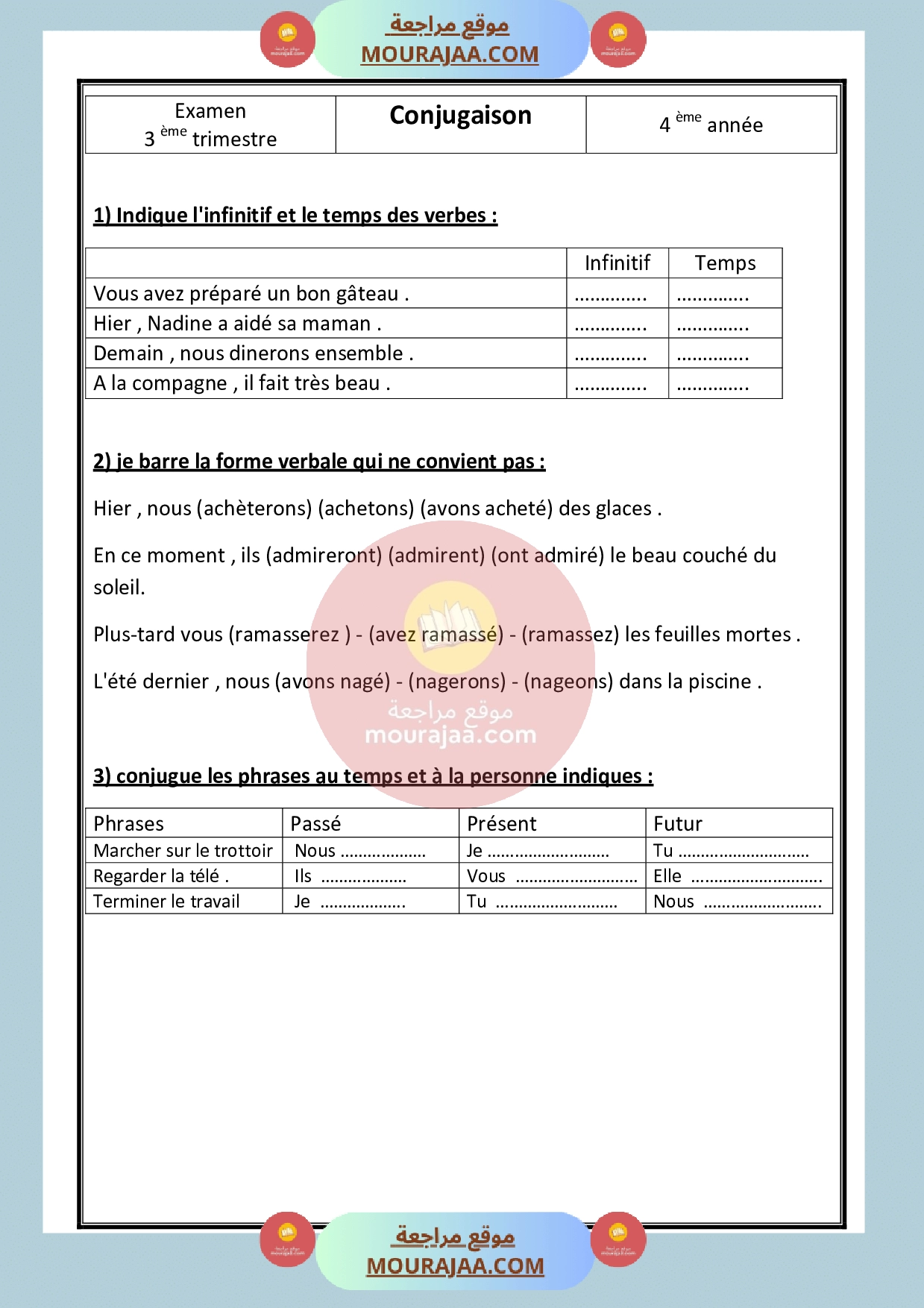 epreuve conjugaison 4eme annee 3eme trimestre