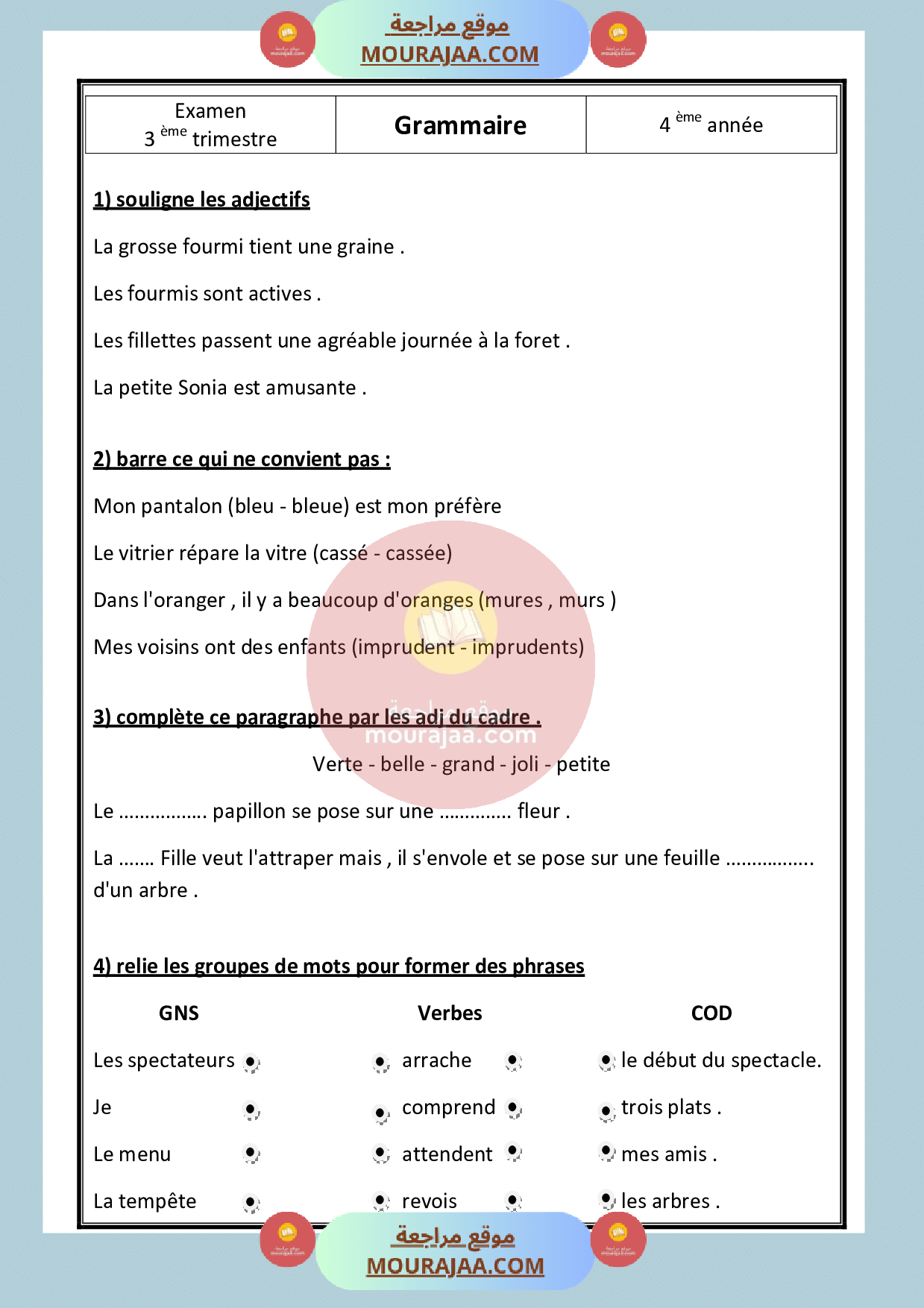 epreuve_grammaire_4eme_annee_3eme_trimestre