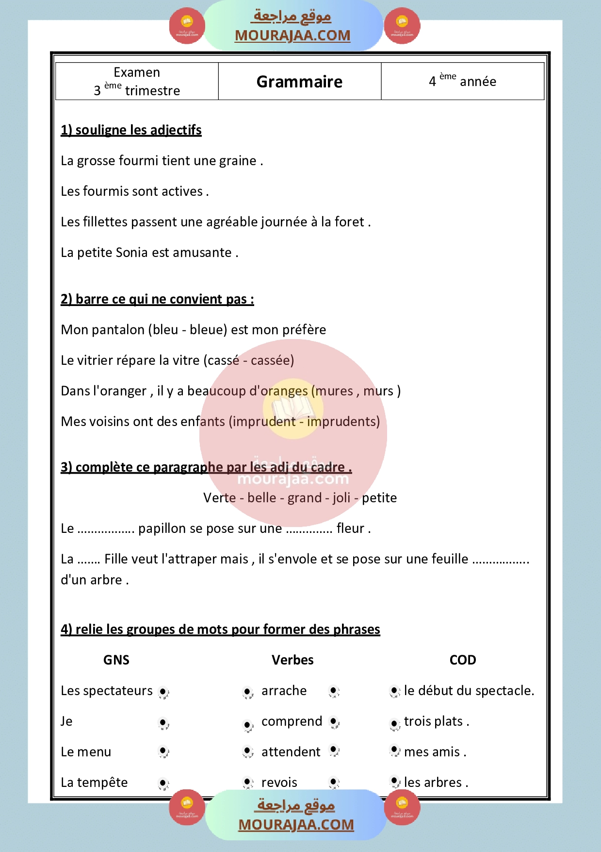 epreuve grammaire 4eme annee 3eme trimestre