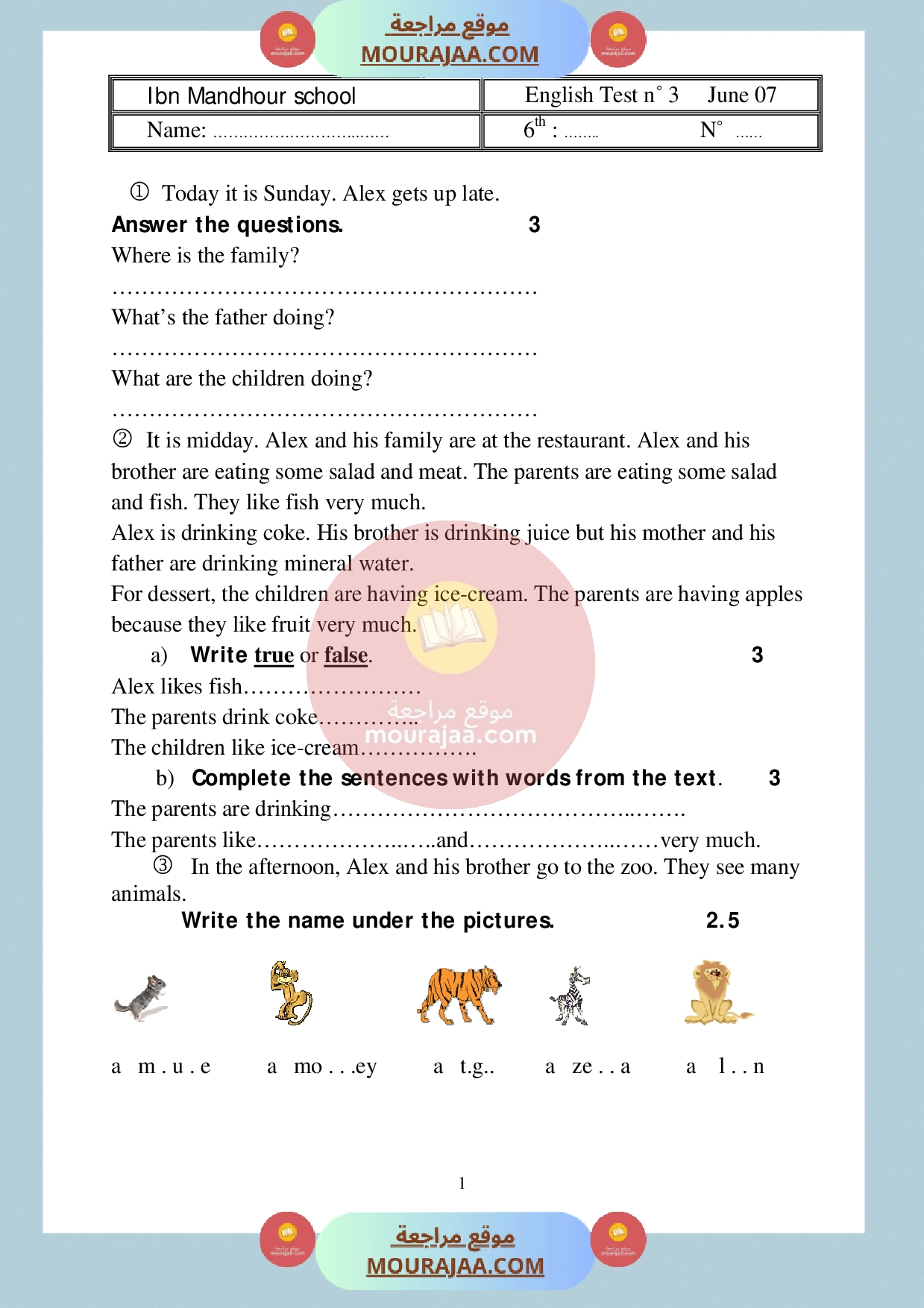 امتحان انقليزية سنة السادسة الثلاثي الثالث