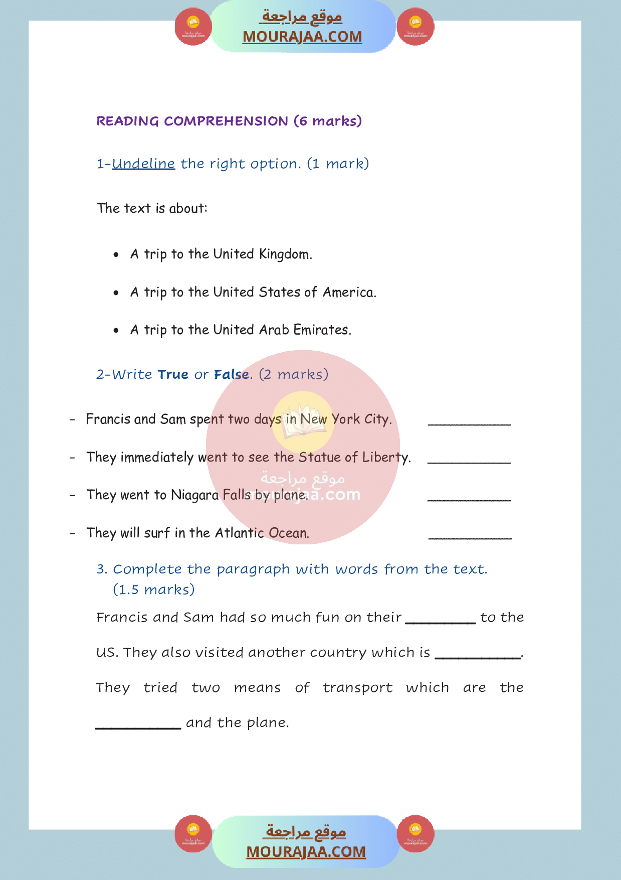 امتحان في انقليزية سنة السادسة الثلاثي الثالث