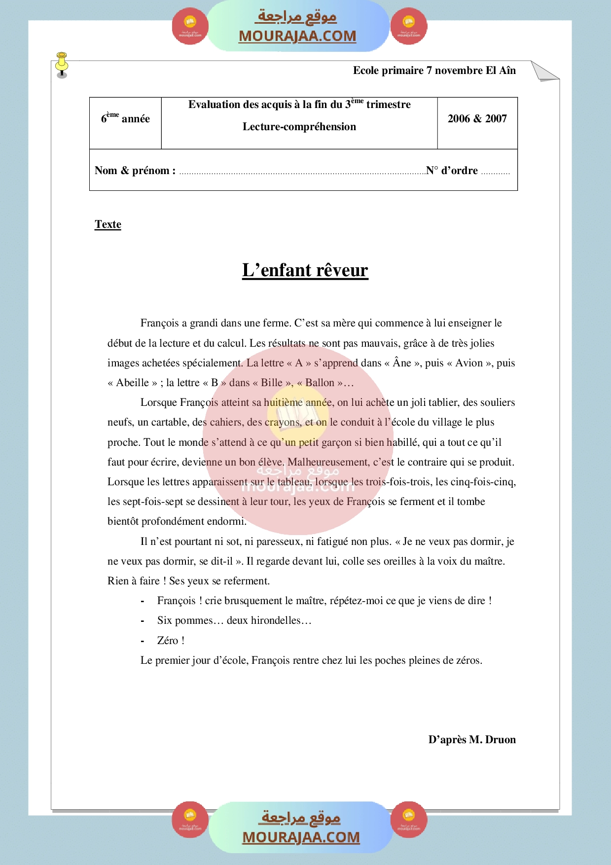 epreuve francais 6eme annee 3eme trimestre