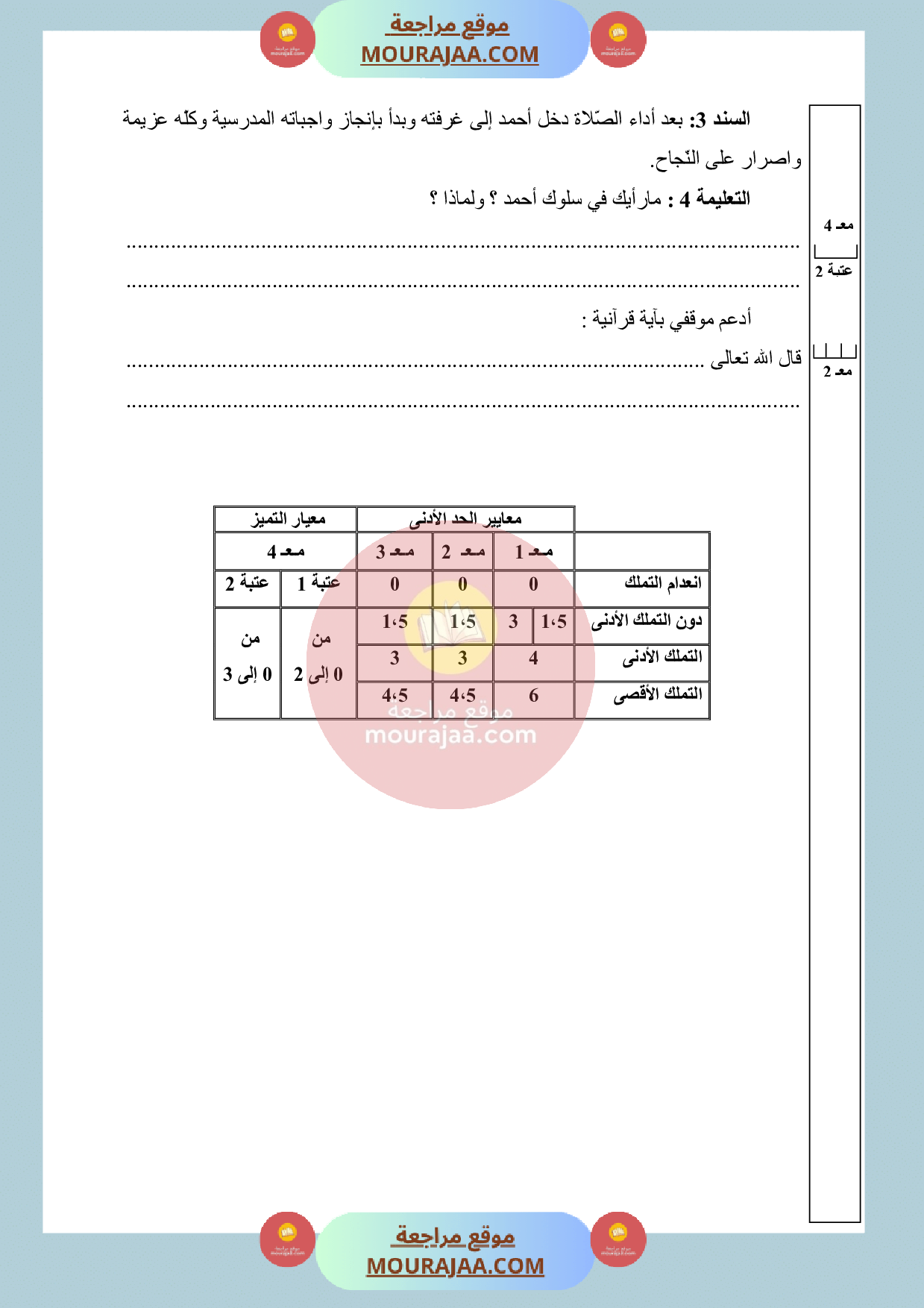 امتحان تربية اسلامية سنة الثالثة الثلاثي الثالث