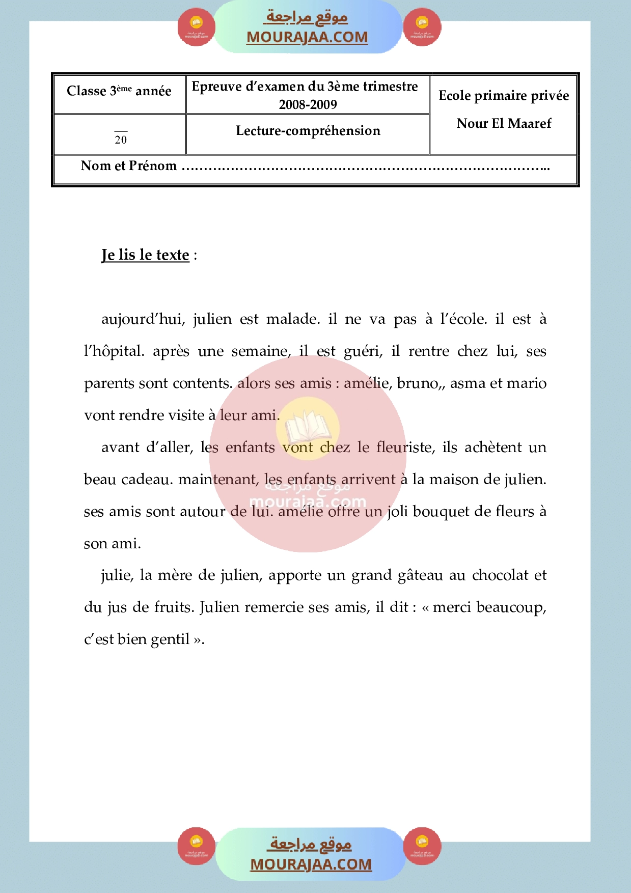 epreuve examen lecture 3eme annee 3eme trimestre