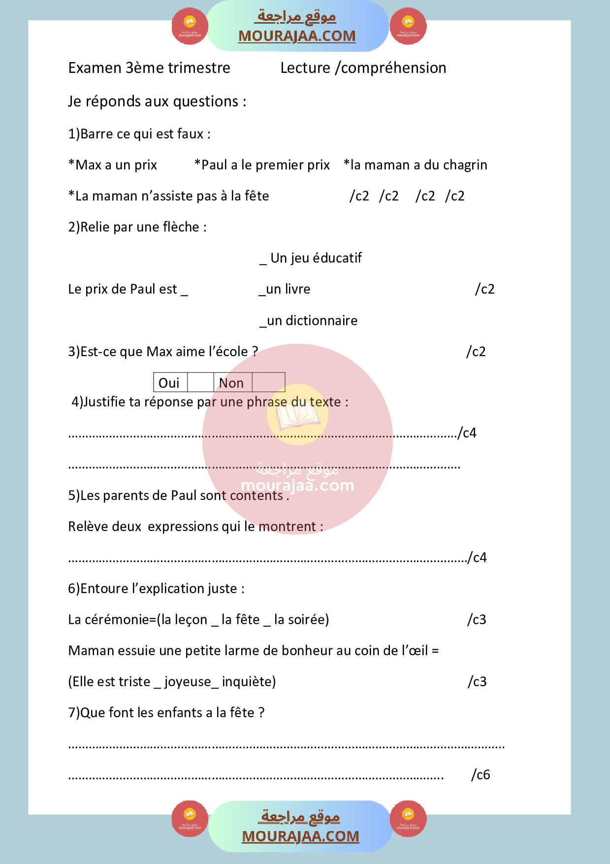 epreuve lecture 3eme annee 3eme trimestre