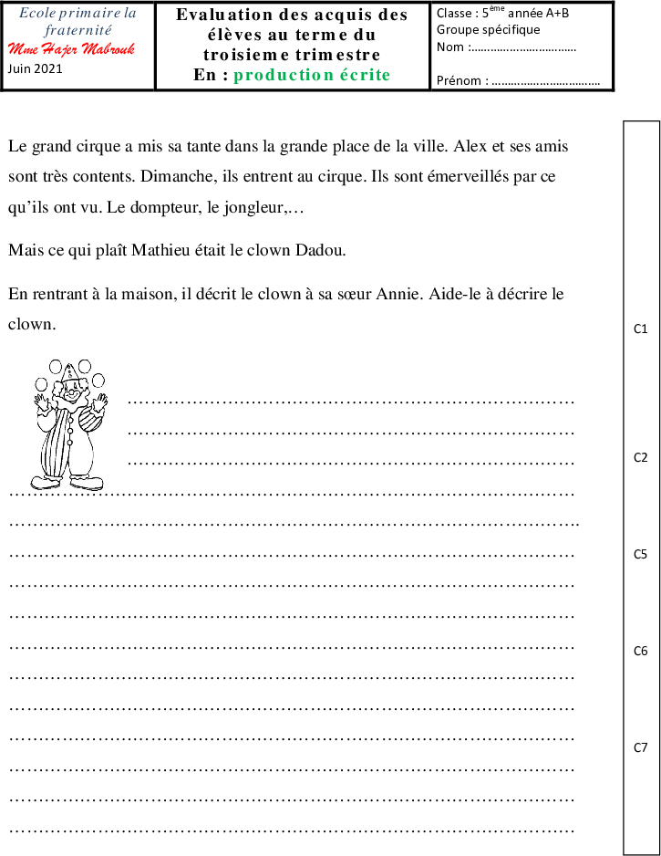 evaluation production 3eme trismetre