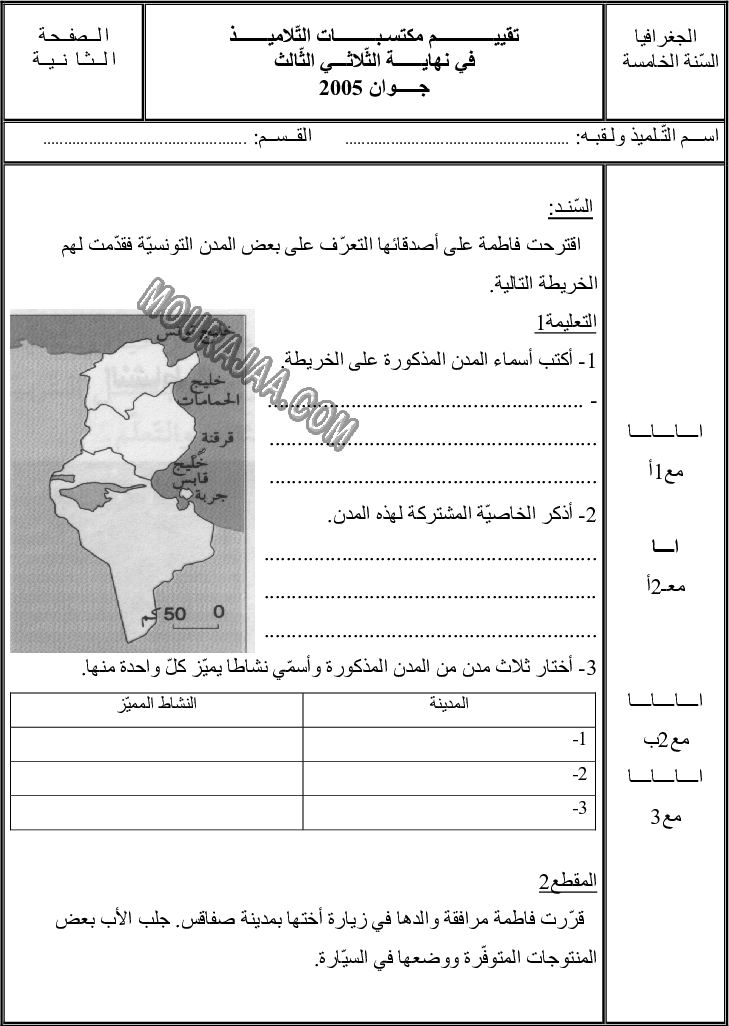 امتحان جغرافيا سنة خامسة ثلاثي الثالث 