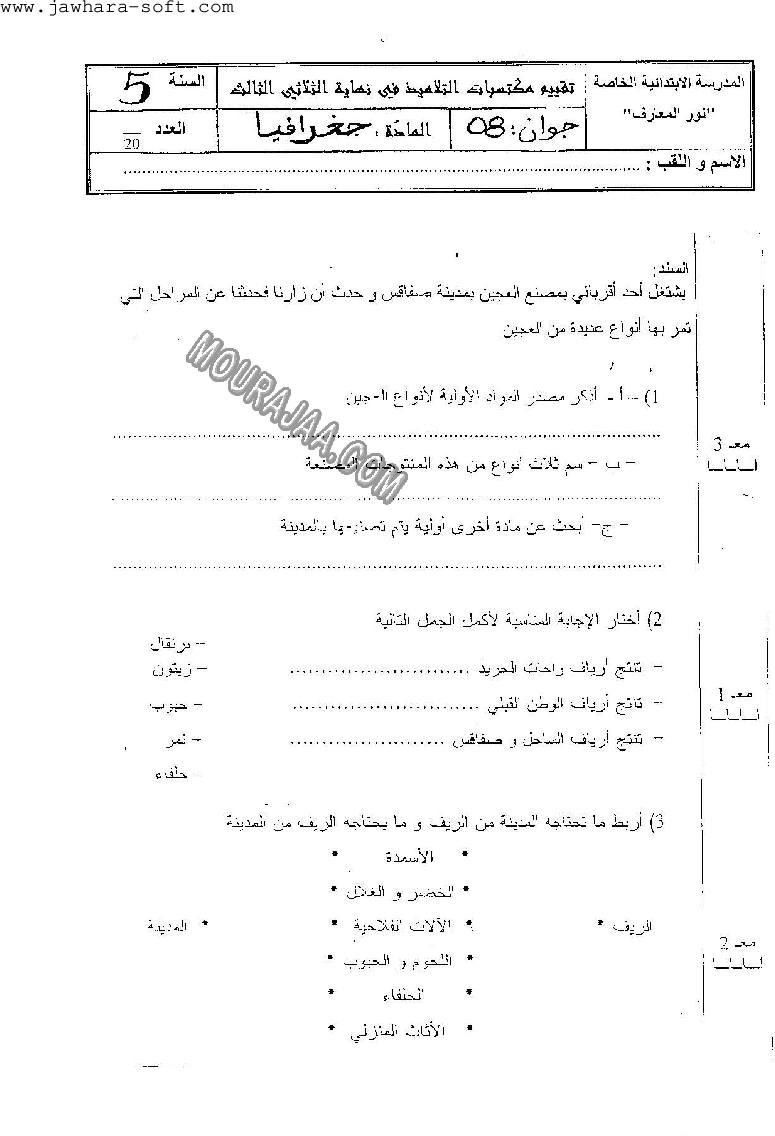 امتحان جغرافيا سنة خامسة ثلاثي الثالث 