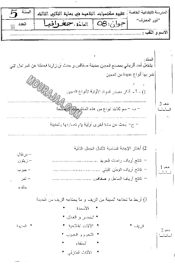 امتحان جغرافيا سنة خامسة ثلاثي الثالث 