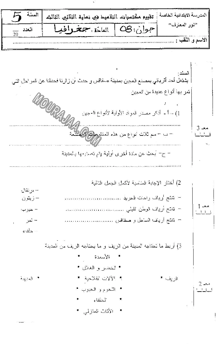امتحان جغرافيا سنة خامسة ثلاثي الثالث 