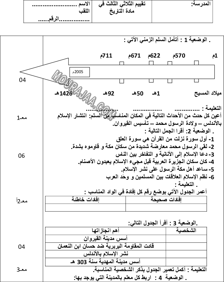 امتحان تاريخ سنة خامسة ثلاثي الثالث 