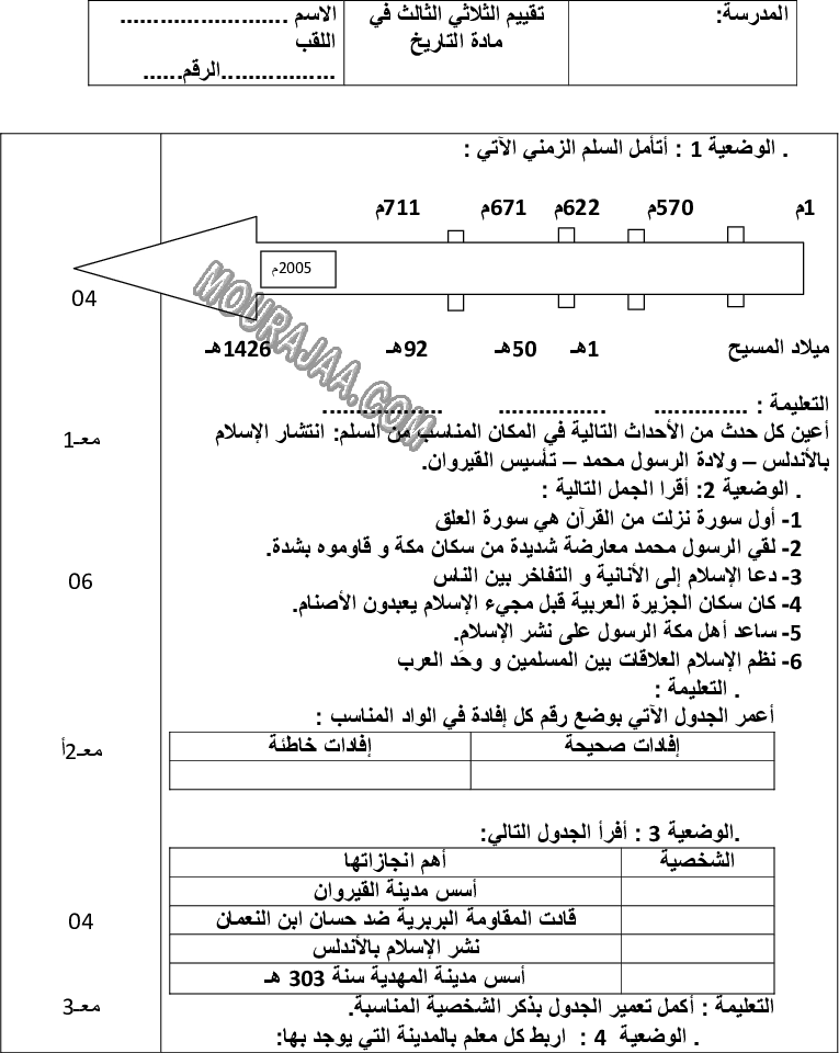 امتحان تاريخ سنة خامسة ثلاثي الثالث 