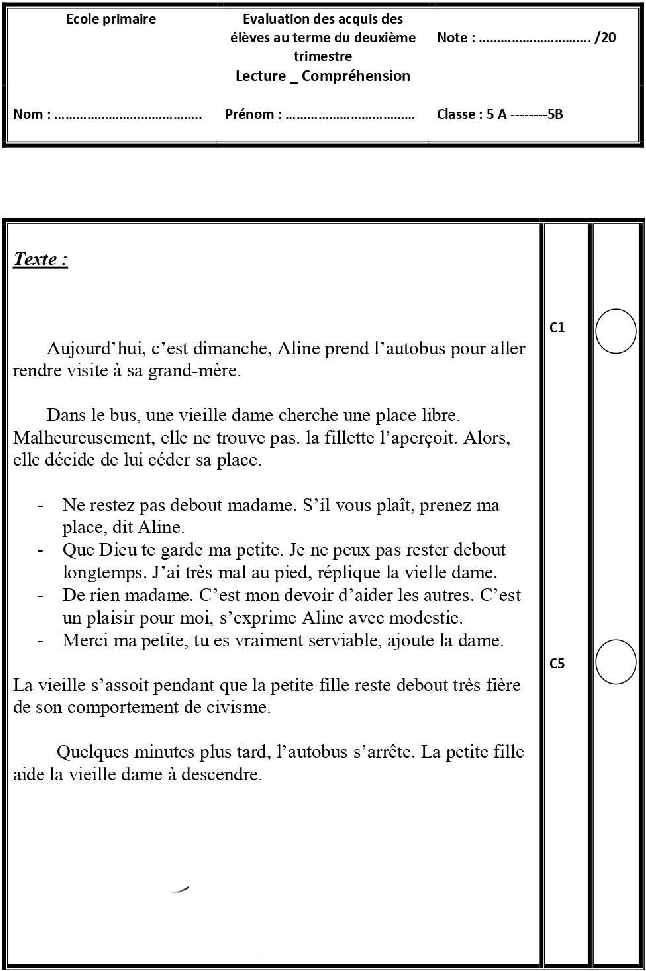 epreuve lecture comprehension cinquieme annee 2tr