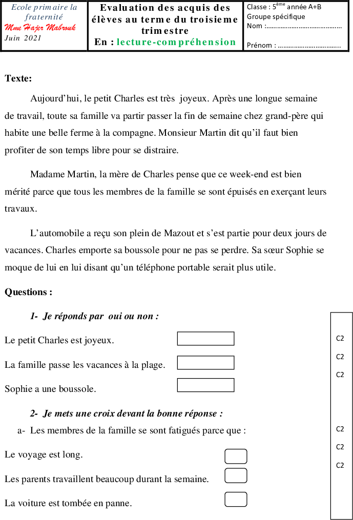 evaluation lecture 3eme trismetre1